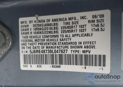 2009 Honda Cr-V Ex-L from USA, damaged, VIN 5J6RE48739L047627